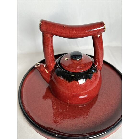 Pier 1 Earthenware Chinese Shanghai Tea Set Lidded Teapot Tray Red - Picture 2 of 8